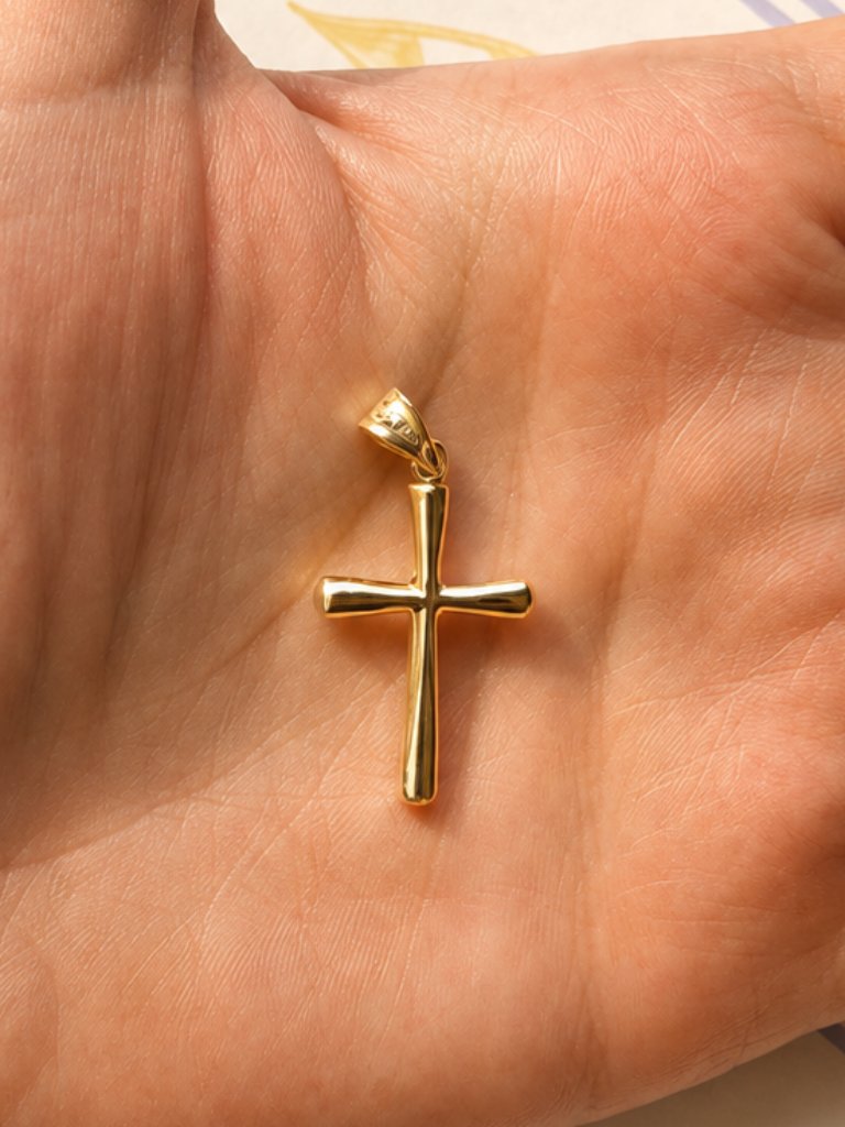 Real 14k Gold Cross Pendant, Polished Rounded Faith Necklace, Gift
